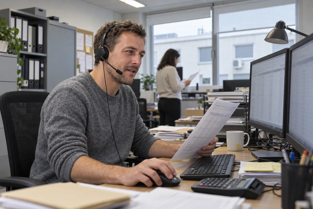 An accountant in a headset works at two monitors; a colleague reads papers by the window